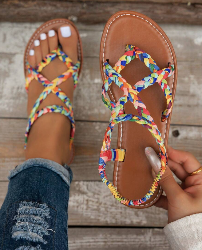 Bohemian Leopard Print Woven Women Casual Slip-On Flat Sandals