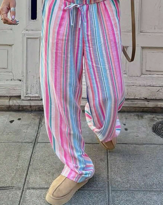 New Fashionable Elegant Striped Colorful Loose Wide Leg Elastic Waist Drawstring Pants