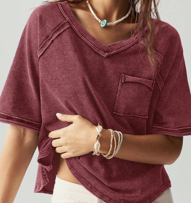 Casual Solid Color Knitted Crew Neck Raglan Short Sleeve Loose T-Shirt For Women