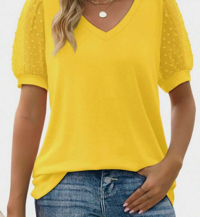 Women's V-Neck Casual T-Shirt — Polka Dot Fluffy Tulle Short-Sleeve Top