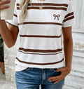 Casual Fashion New Round Neck Short Sleeve Bowknot Striped Print T-Shirt