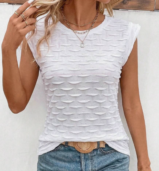 White 3D Wave Texture Sleeveless T-Shirt